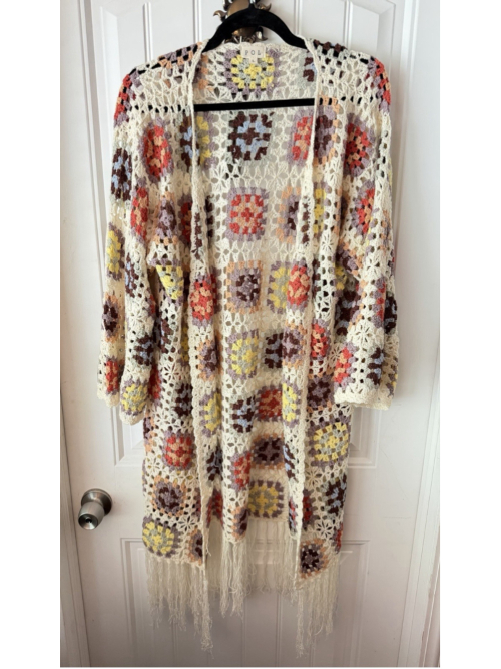 POL Crochet Granny Square Cardigan L Boho Duster Fringe Hippie Festival - Picture 3 of 7